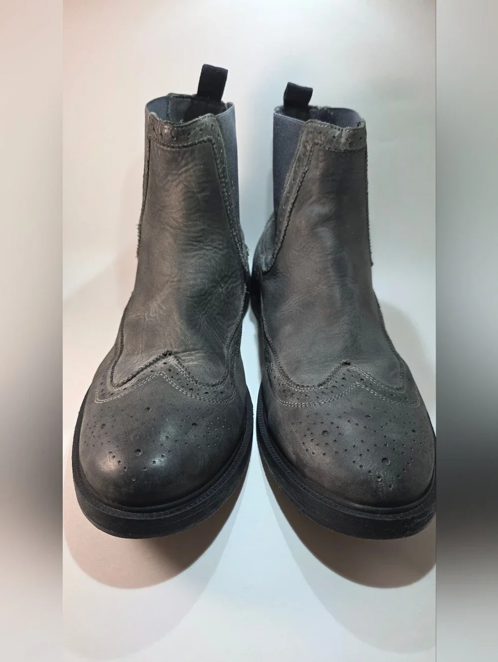 All Saints Grey Military Patina Brogue Leather Chelsea Wingtip Slip On Boots 46